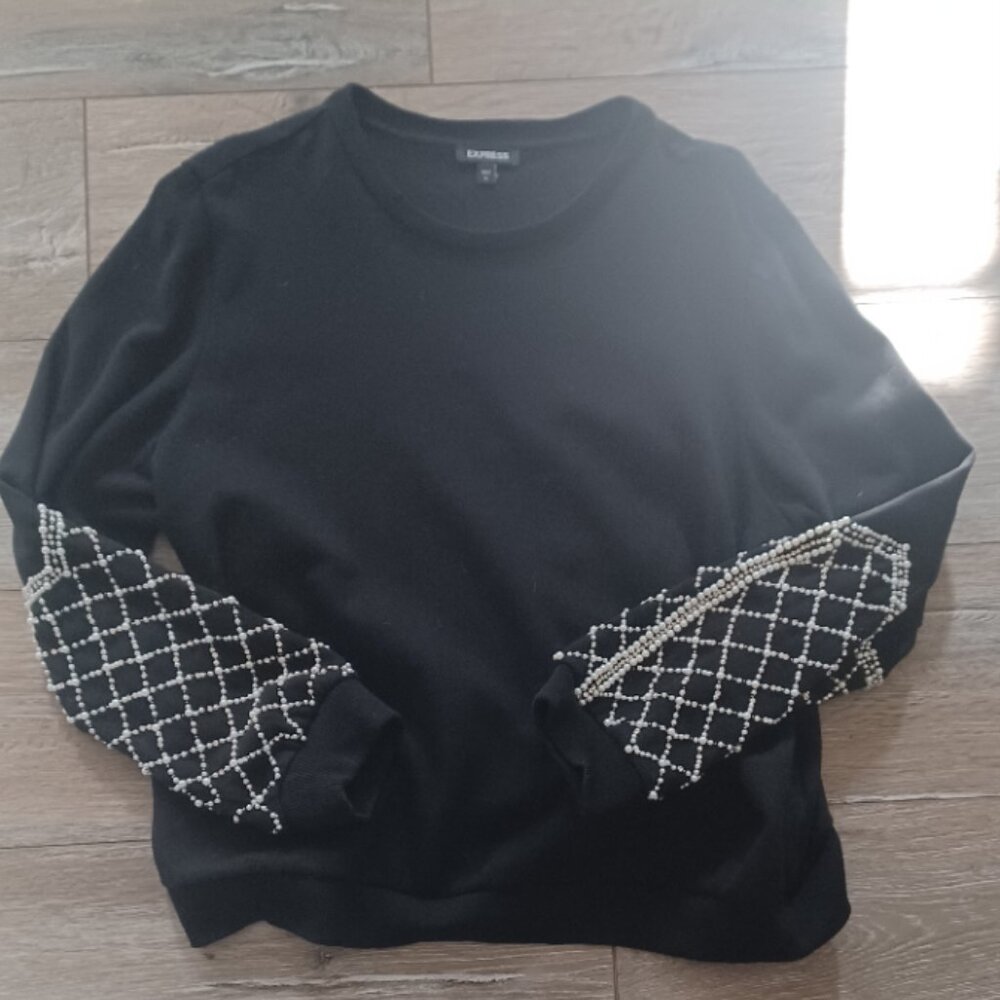 Express Black Crew Neck Sweatshirt Beautiful Embellished White Beaded Sleeves XL